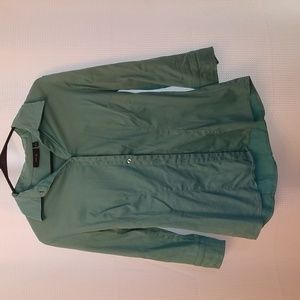 Teal button up shirt.